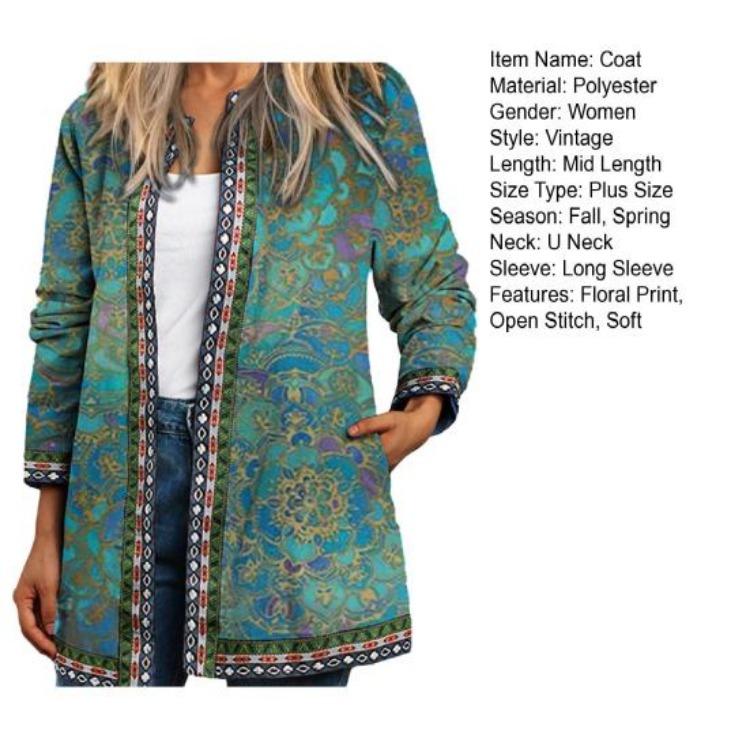 Cardigan Vintage Scollo a U Stampa Floreale Donna Maglia Aperta Ampio Cappotto Autunnale Colori Ricchi Maniche Lunghe Tasche Resistente ai Colori Primavera Autunno