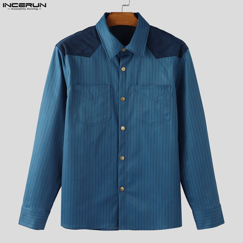 INCERUN S-5XL Men Lapel Neck Long Sleee Patchwork Striped Print Buttons Down Shirts