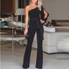 Women's One Shoulder High Waist Tie Solid  Long Sleeve Slim Sexy Jumpsuit