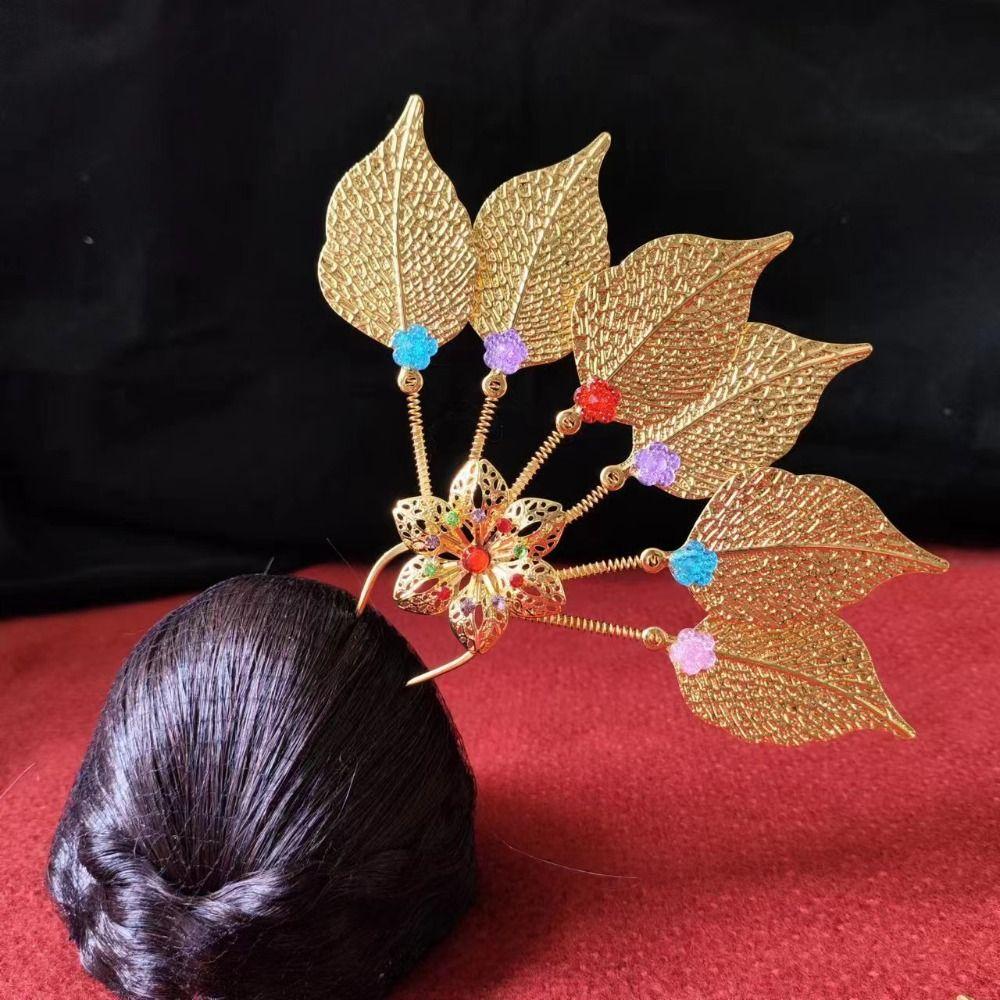 Gold Thai Metal Leaves Hairpin Rhinestone U-shaped Hair Fork Classical Thai Hair Sticks Daily