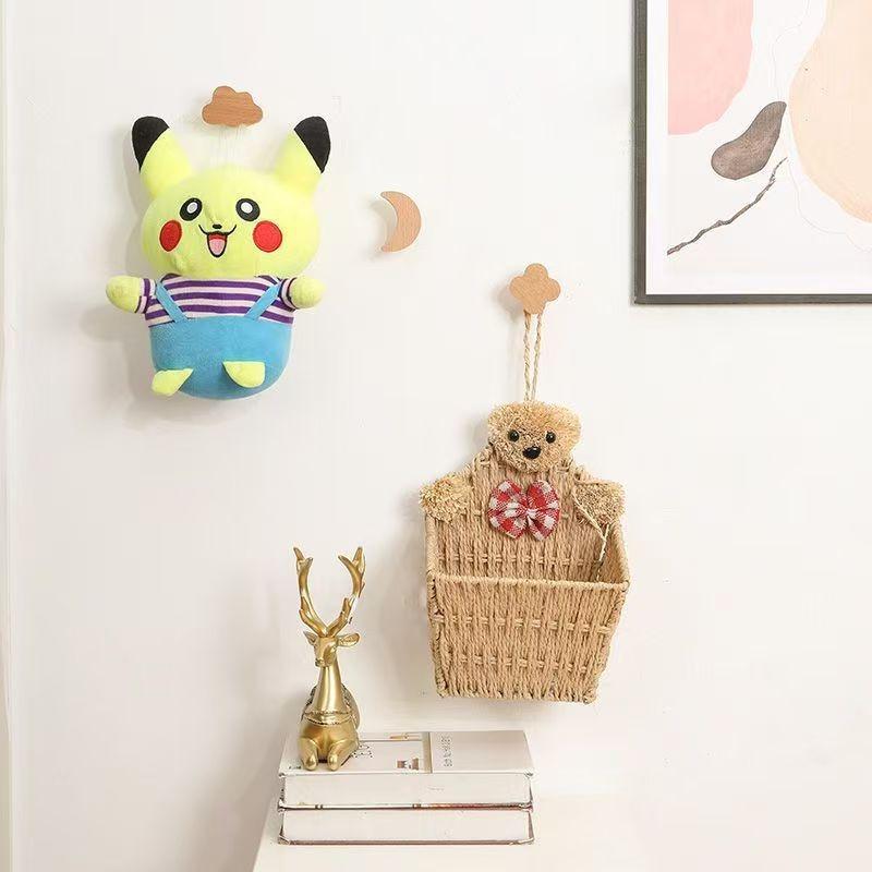 1PC Solid Wood Star Decorative Hook Moon Adhesive Hook No Punching Simple Wooden Wall Coat Hook Flower Cloud Interior