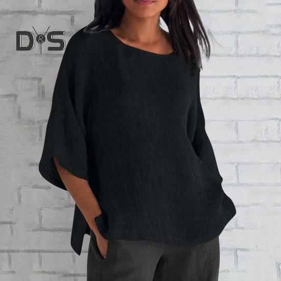 Women Shirt 3/4 Sleeve Casual Crew Neck Solid Color Pullover Tops Loose Fit Vacation Blouse Daily Wear