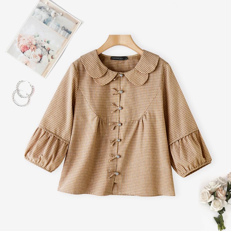 

ZANZEA Women Casual Doll Collar Loose 3/4 Sleeve Grid Print Blouse 5XL коричневый
