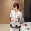 Autumn and Winter New Pajamas Women's Ice Silk Long-sleeved Lace Splicing Loungewear Two-piece Set Light Luxury High-end Can Be Worn Outside