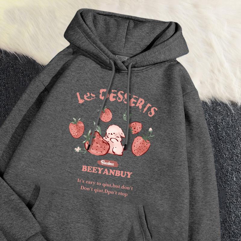 Cute Strawberry And Rabbit Printed Sweatshirt Pocket Soft Warm Breathable Pullover Autumn Winter Hoody