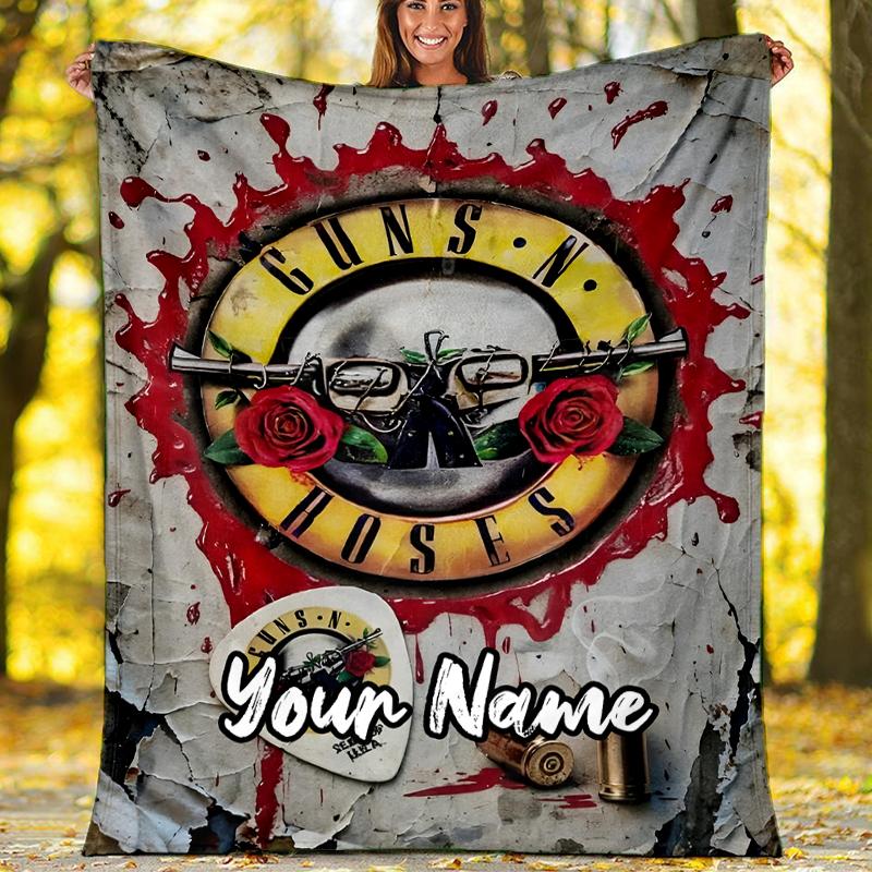 Custom Name Guns N Roses Theme Printed Blanket - Perfect for Couch, Bed, Travel & Outdoor Use | Machine Washable, Cozy & Durable.