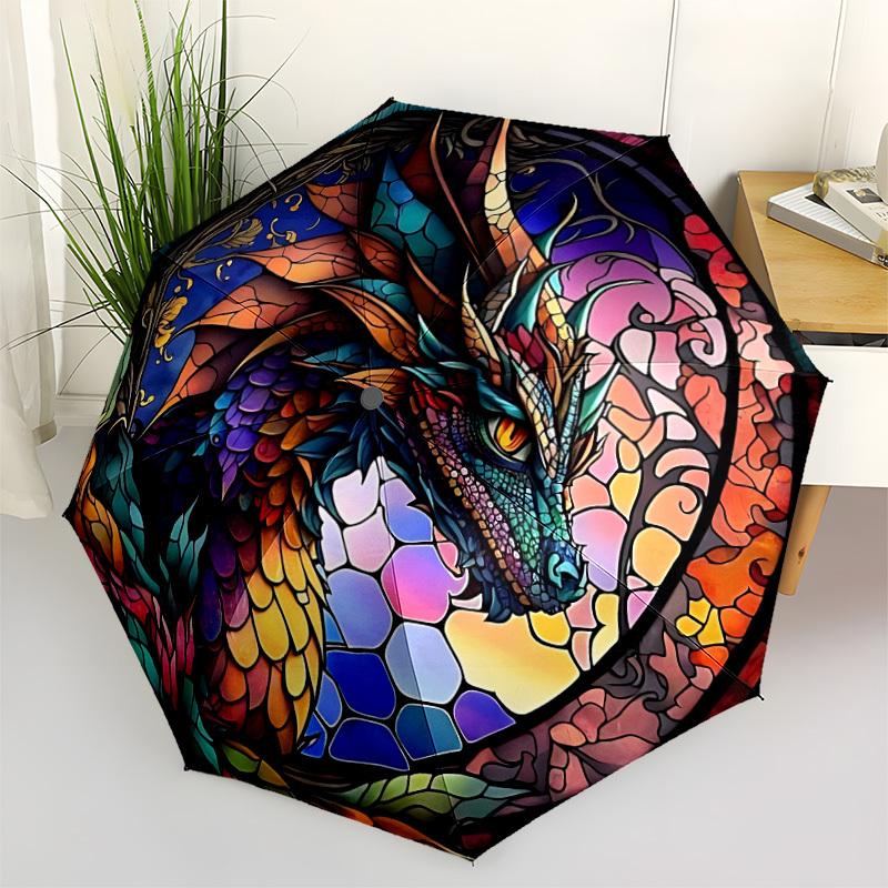 1pc Stained Glass Dragon Compact Travel Umbrella, Automatic Folding Lightweight Windproof 8-Bone Reinforced Design, 012087