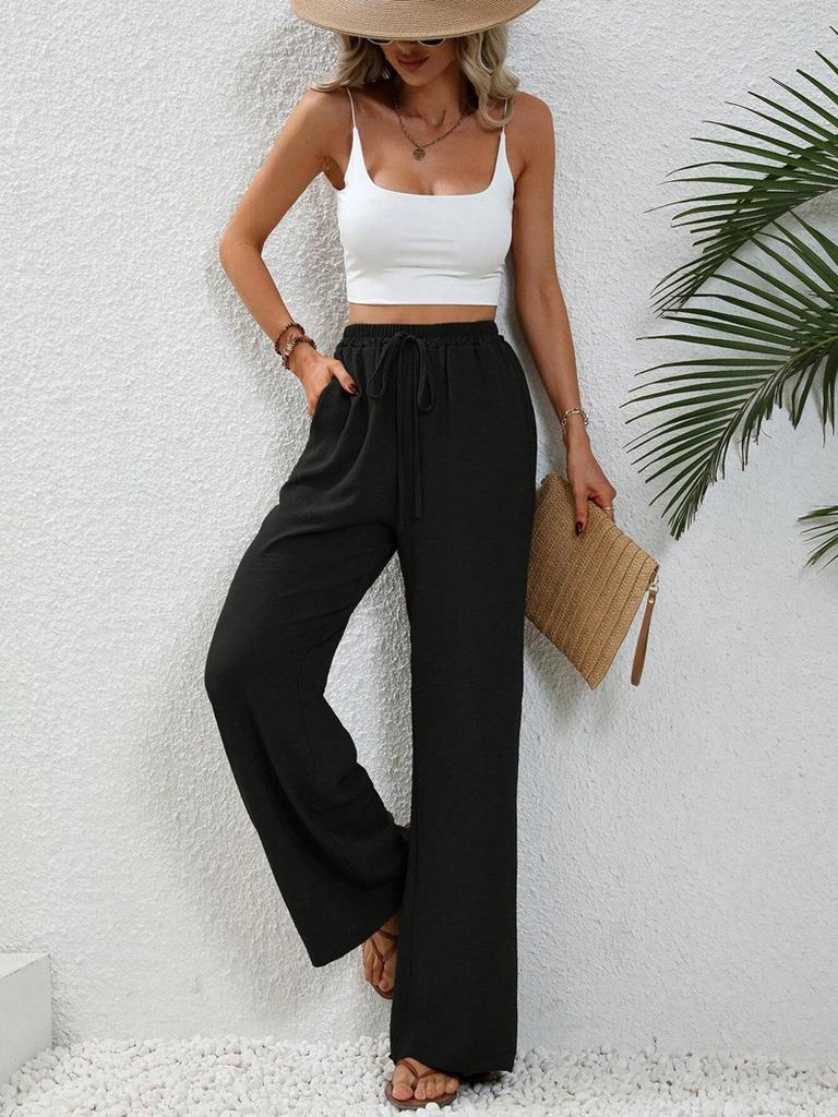 Women's Casual French Comfortable Straight Leg Wide Leg Pants with Pockets for Women
