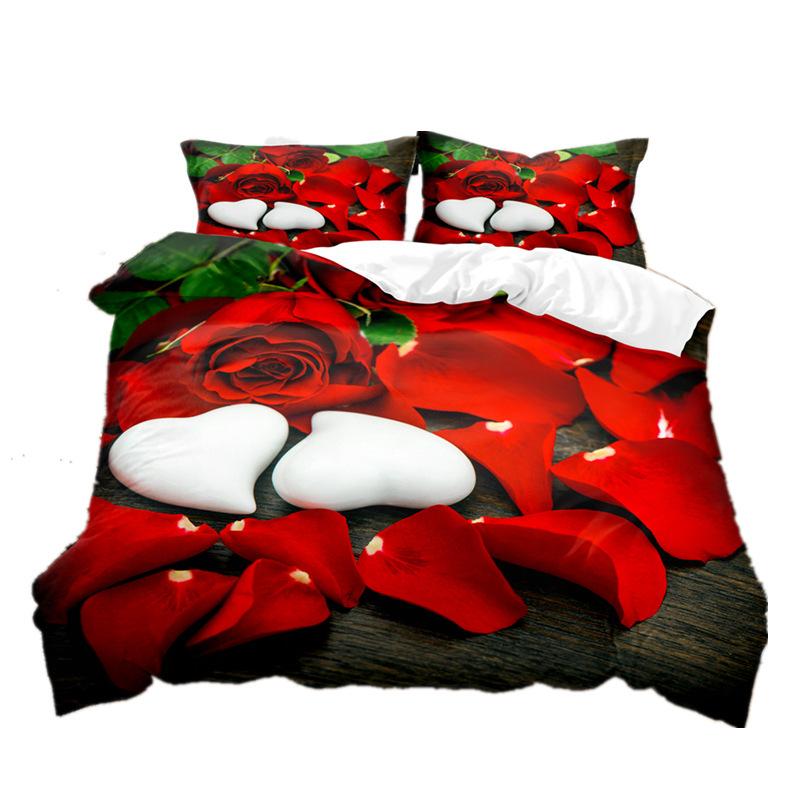 Fleur Roses, Romantique Et Festif Textile De Maison Kit De Draps Impression 3D Motif Cheveux Lisses Trois Pièces Mariage