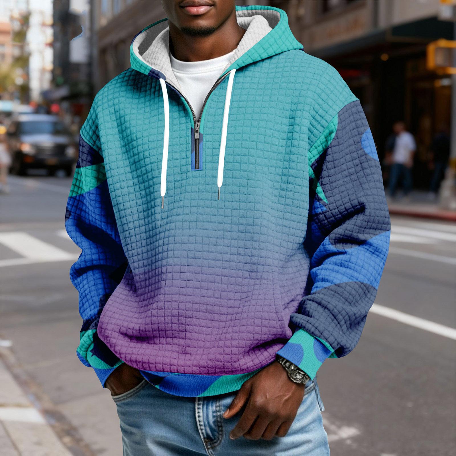 

Men s Half-Zip Hooded Plaid Pullover Drawstring Print Casual Sports Sweatshirt XXL