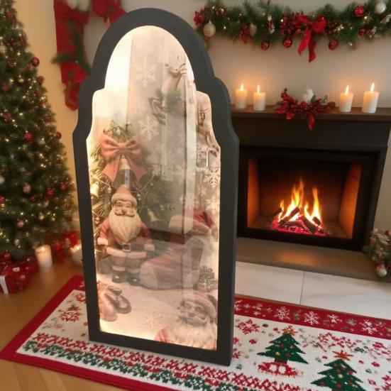 Christmas Mirror Hologram Santa Xmas Tree Scene Mirror with LED Light for Holiday Indoor Bedroom Kitchen Decor