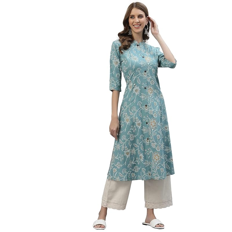 Stylum Women s Floral Print Rayon A-Line Kurta (FIONAAQUA38_Aqua, M) M цвет морской волны