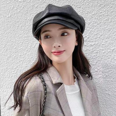 Unisex Autumn/Winter PU Leather Octagonal Hat - Casual Outdoor Korean Style Beret
