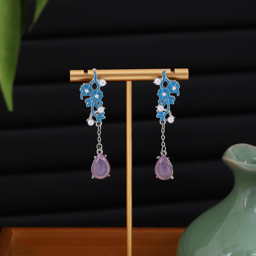 Antique Beaded Long Fringed Earrings, Chinese Hanfu Accessories, Flower Fan Bow Earrings.