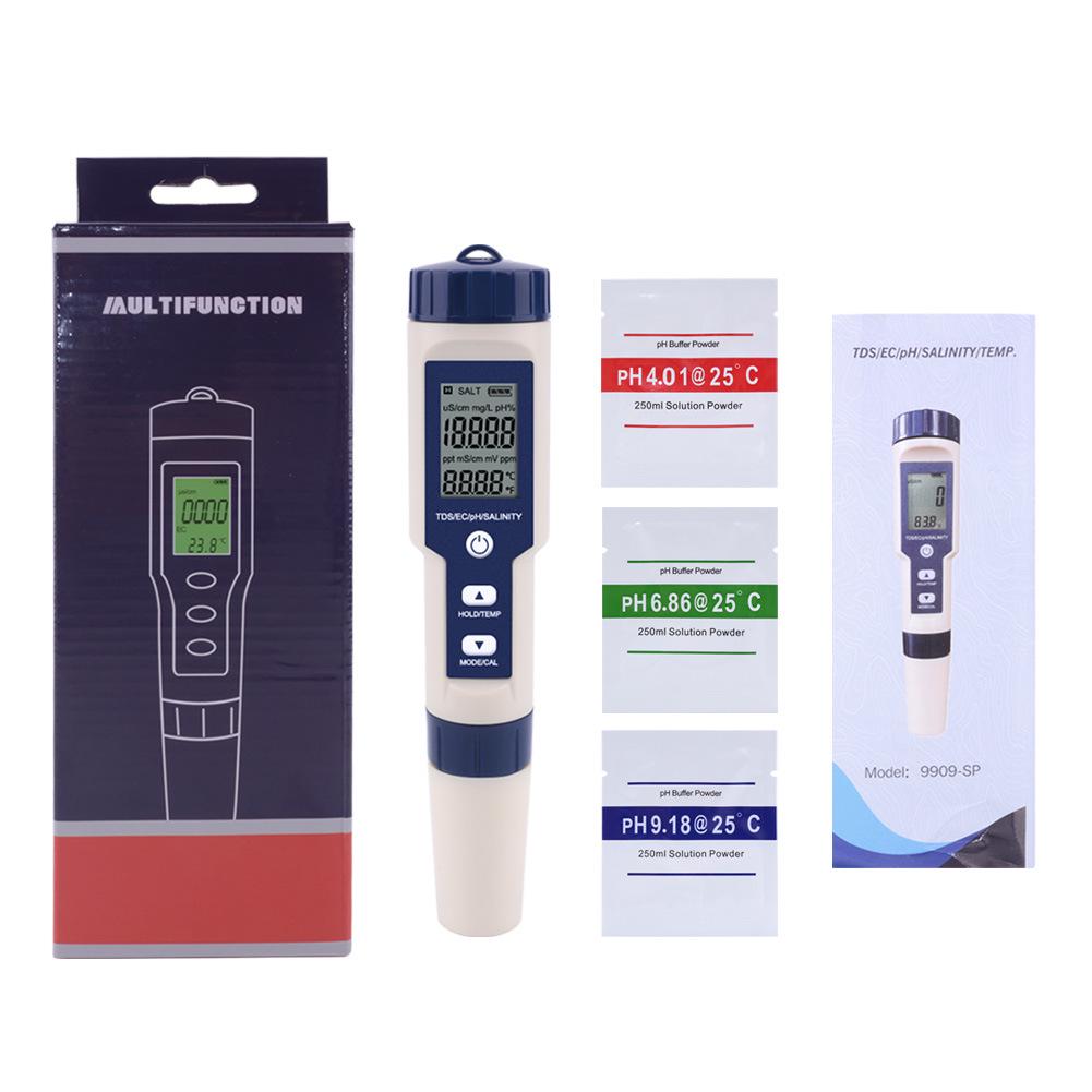 EZ9909PH Five-in-One Water Quality Tester: Tests pH, Salinity, Temperature, TDS, and EC Levels.
