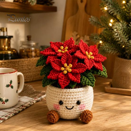 Holiday Gift Ideas for Family Simulated Crochet Christmas Potted Decor, Knitted Mini Artificial Tree Flower Handmade Crocheted Yarn Flowers Ornament,