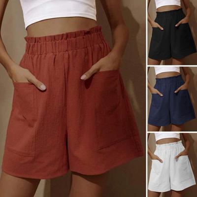 Shorts femininos elásticos comprimento do joelho franzido solto bolsos laterais cintura alta reto acima macio sólido