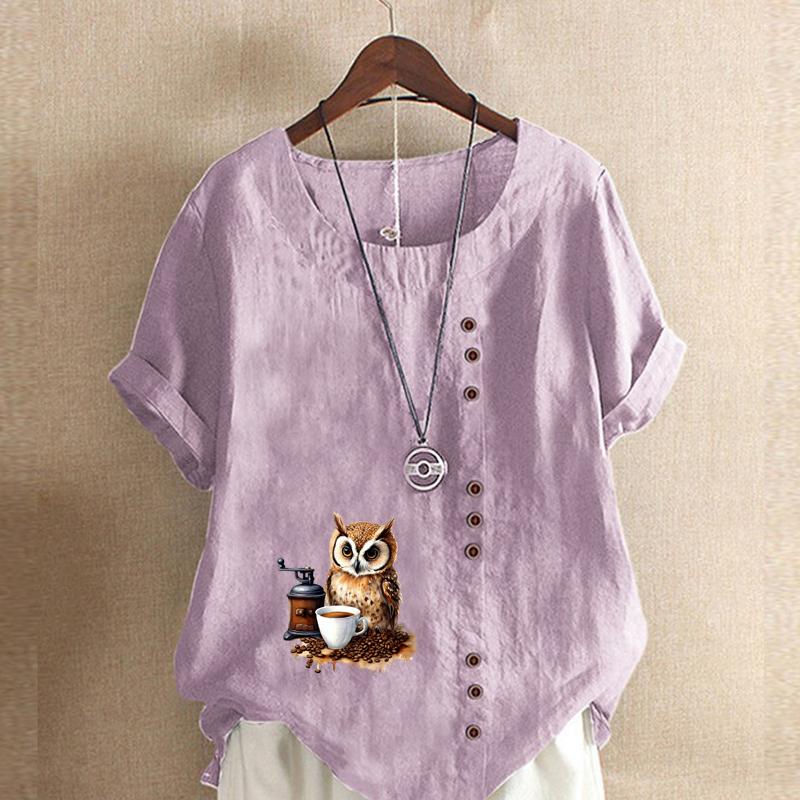 Women's Fashion Owl Prined Short Sleeve T-shirt Loose Cotton Shirt Casual Loose Summer Blouse Tops Plus Size