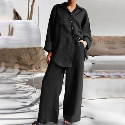 2 Pcs/Set Women Shirt Pants Set Homewear Outfit Solid Color Turn-down Collar Long Sleeve Top Wide Leg Elastic
