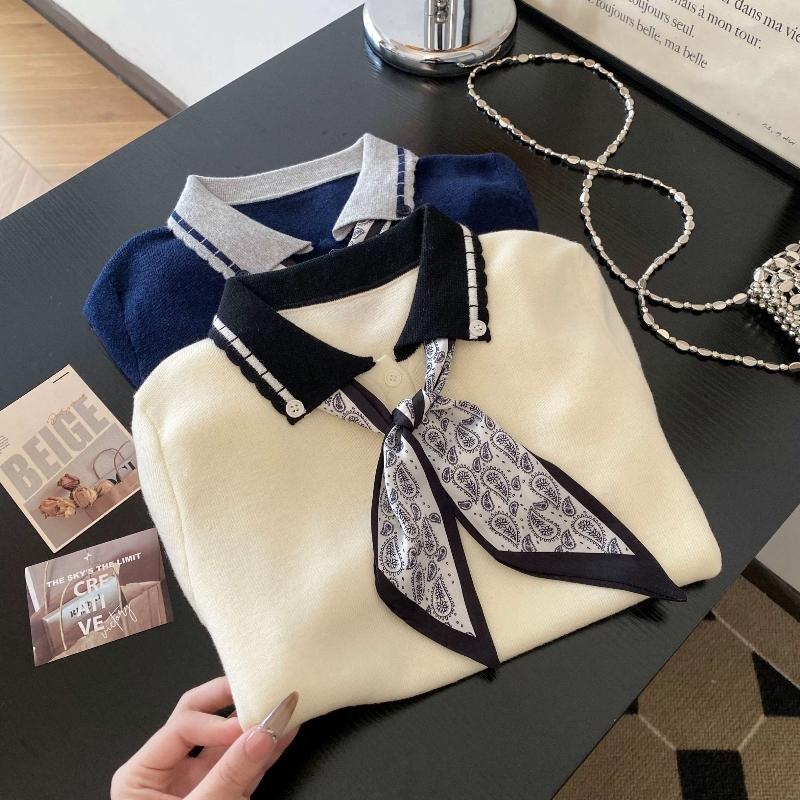 A Unique, Fashionable and Versatile New Autumn Top for Women with A Polo Collar and Silk Scarf Knitted Sweater