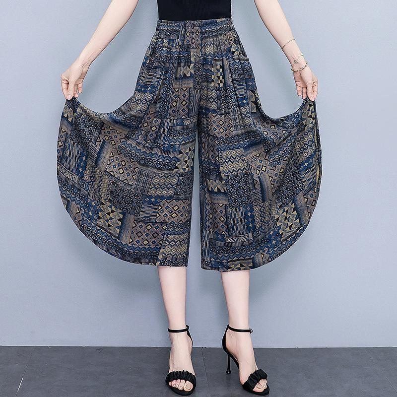 Women's Floral Cotton Silk Wide-Leg Skirt Pants - Summer Casual Elastic Waist, Plus Size, Lightweight Seven-Point Length.