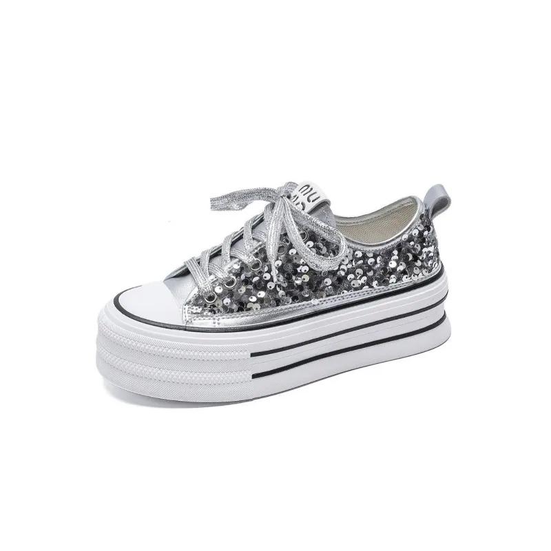 Women Canvas Vulcanized Shoes 2024 New Student Sequins With Thick Bottom Flats Running Shoes Sequin Female Casual Sneakers