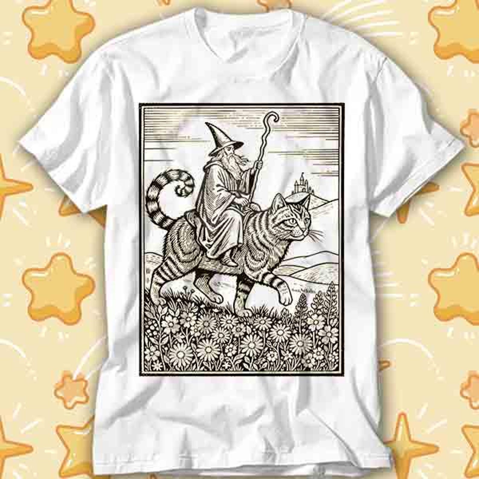 Wizard Cat Rider Retro Fantasy Medieval Sorcerer T-Shirt 425 S
