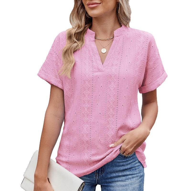 Maglietta casual ampia con scollo a V, tinta unita, da donna, primavera estate