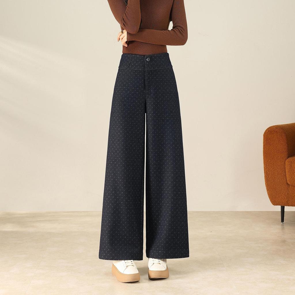 Women's Gray Wool High-Waisted Wide-Leg Floral Pants - Winter Casual, Thickened, Loose, Slimming, Versatile