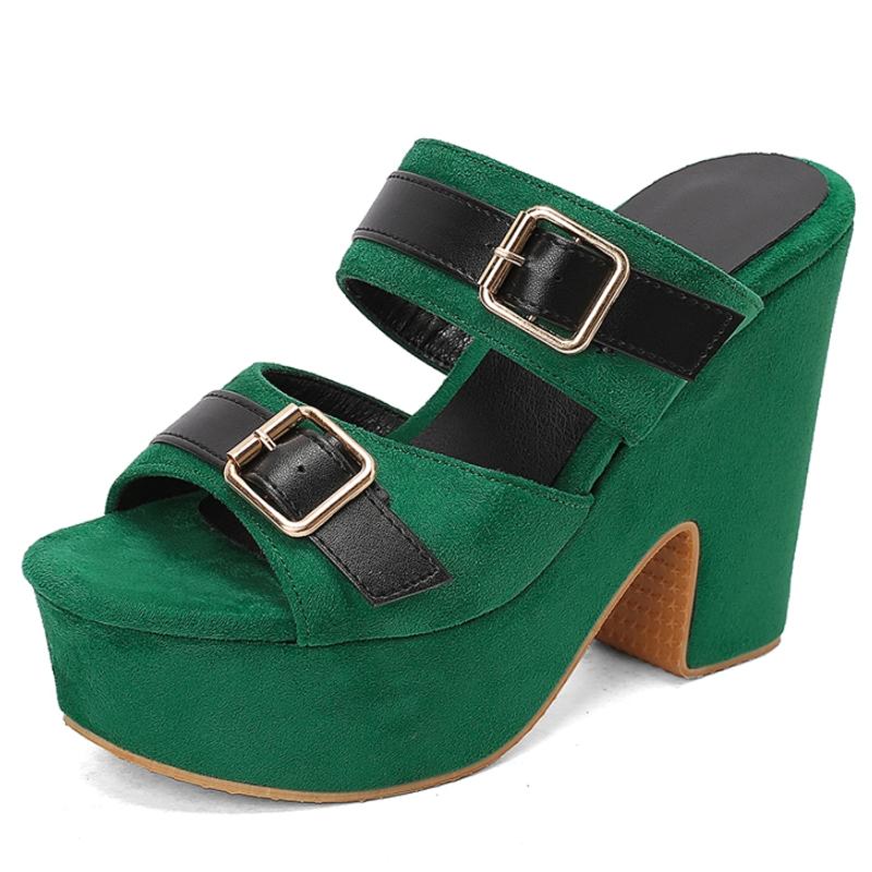 Thick High Heels Women's Slippers Platform Summer Mules Shoes Ladies Sandals Sexy Green Pink Heeled Party Shoes Large Size 43
