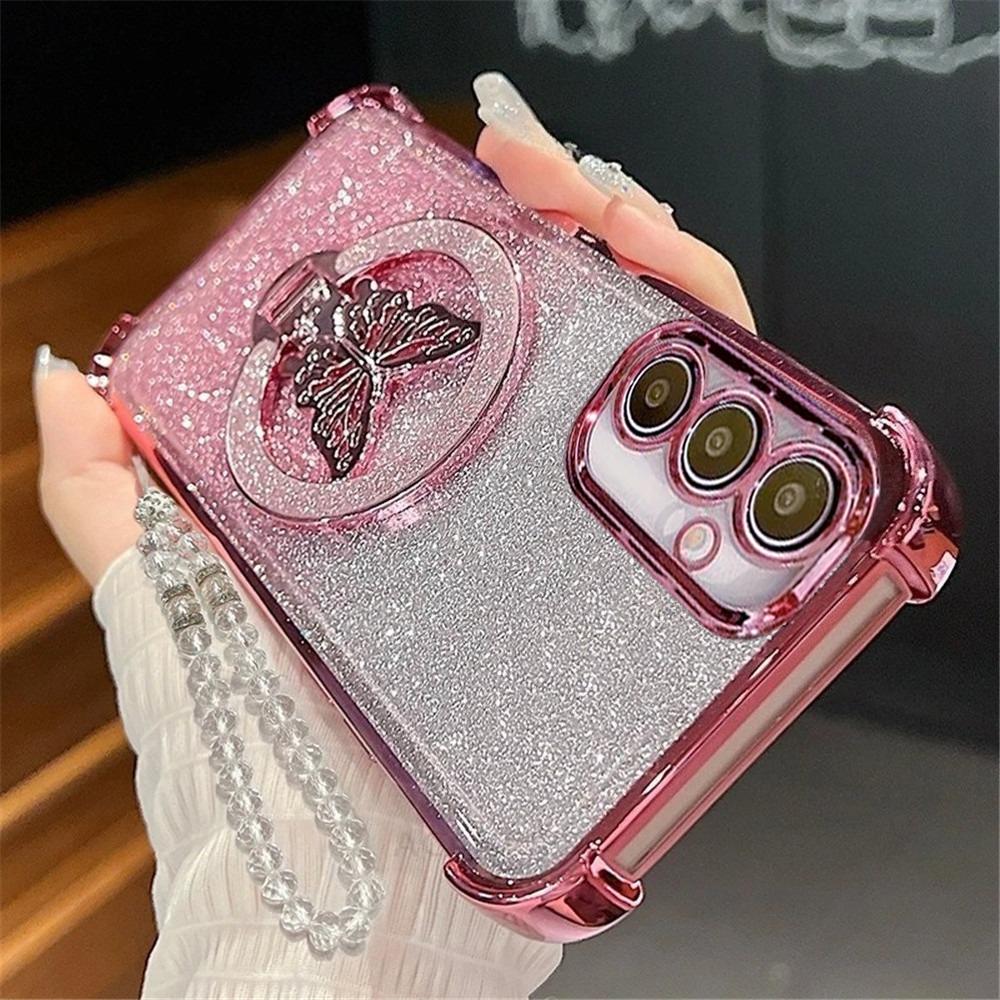 Glitter Butterfly Crystal Bracelet Phone Case For Samsung S25 S24 S23 S22 S21 Plus FE Ultra Edge S26 S10 Shockproof Soft Cover