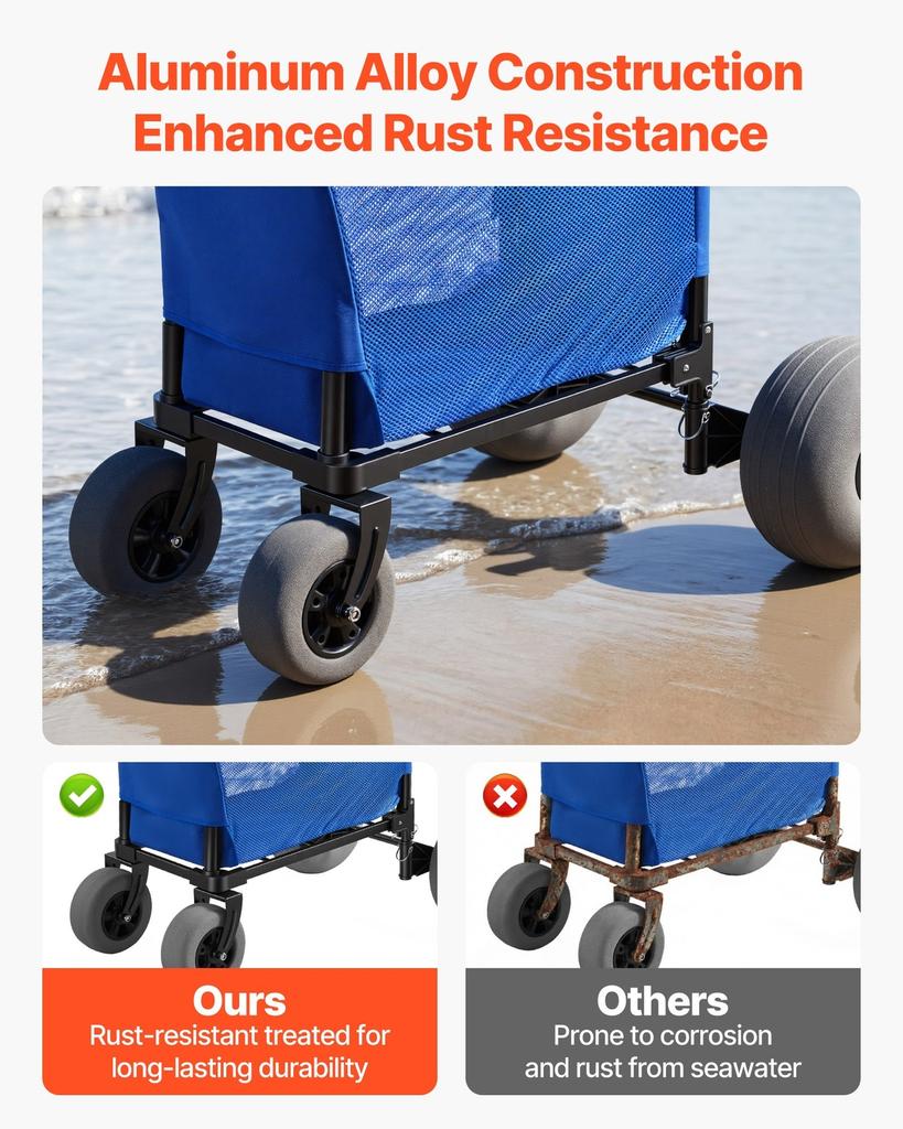 Beach Cart with Large Wheels for Sand, 75kg Load Capacity, Heavy Duty Folding Beach Wagon with 300 mm Balloon Wheels, Storage Bag, 845-1140 mm