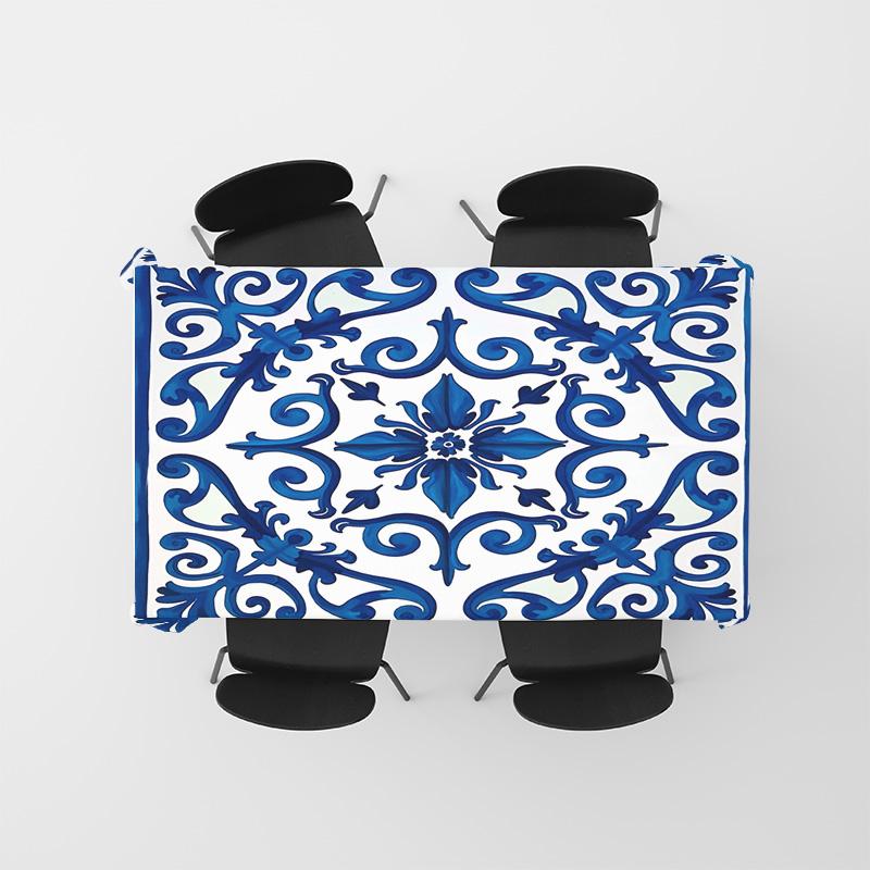 Blue White Floral Print Tablecloth For Dining Room Decor - Soft Washable Fabric With Frills Edges - Multiple Sizes Available