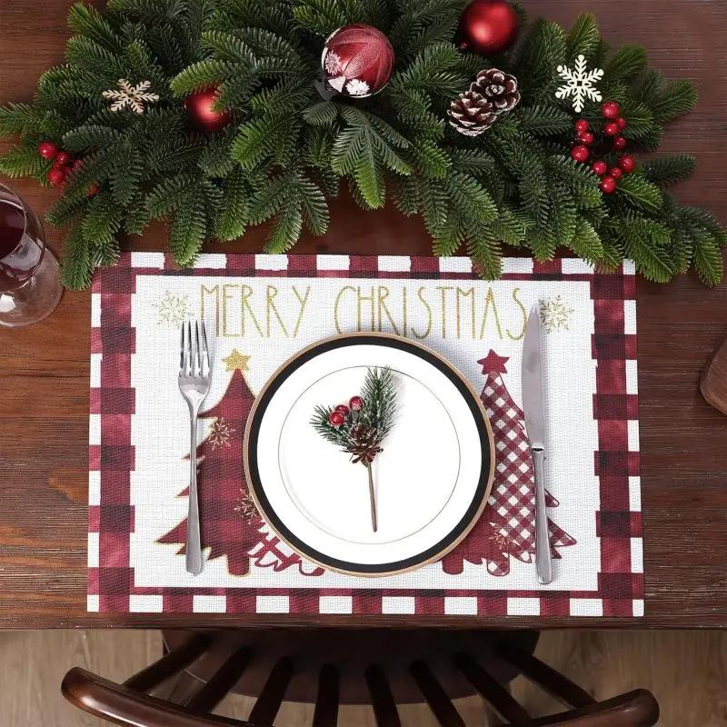 1PC Waterclor Buffalo Plaid Christmas Trees Placemats Non-Slip Winter Table Mats for Outdoor Indoor Party Kitchen Dining Decor
