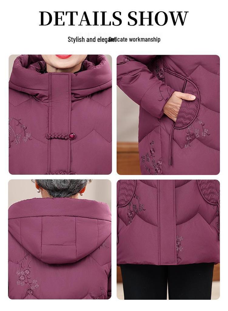 Embroidered Winter Down Jacket with Frog Buttons for Elderly Women