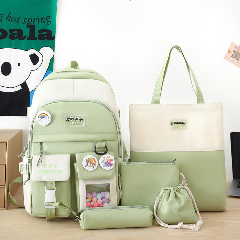 Backpack New Fashion Casual Foreign Style Simple Large Capacity Double Pocket Backpack Korean Version Small Fresh Five-piece Backpack