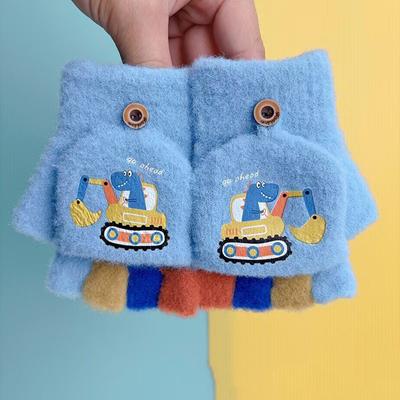Children's Half-finger Flip Digger Cartoon Knitted Gloves Boy's Split-finger Cute Child Student Writing To Keep Five Fingers Warm