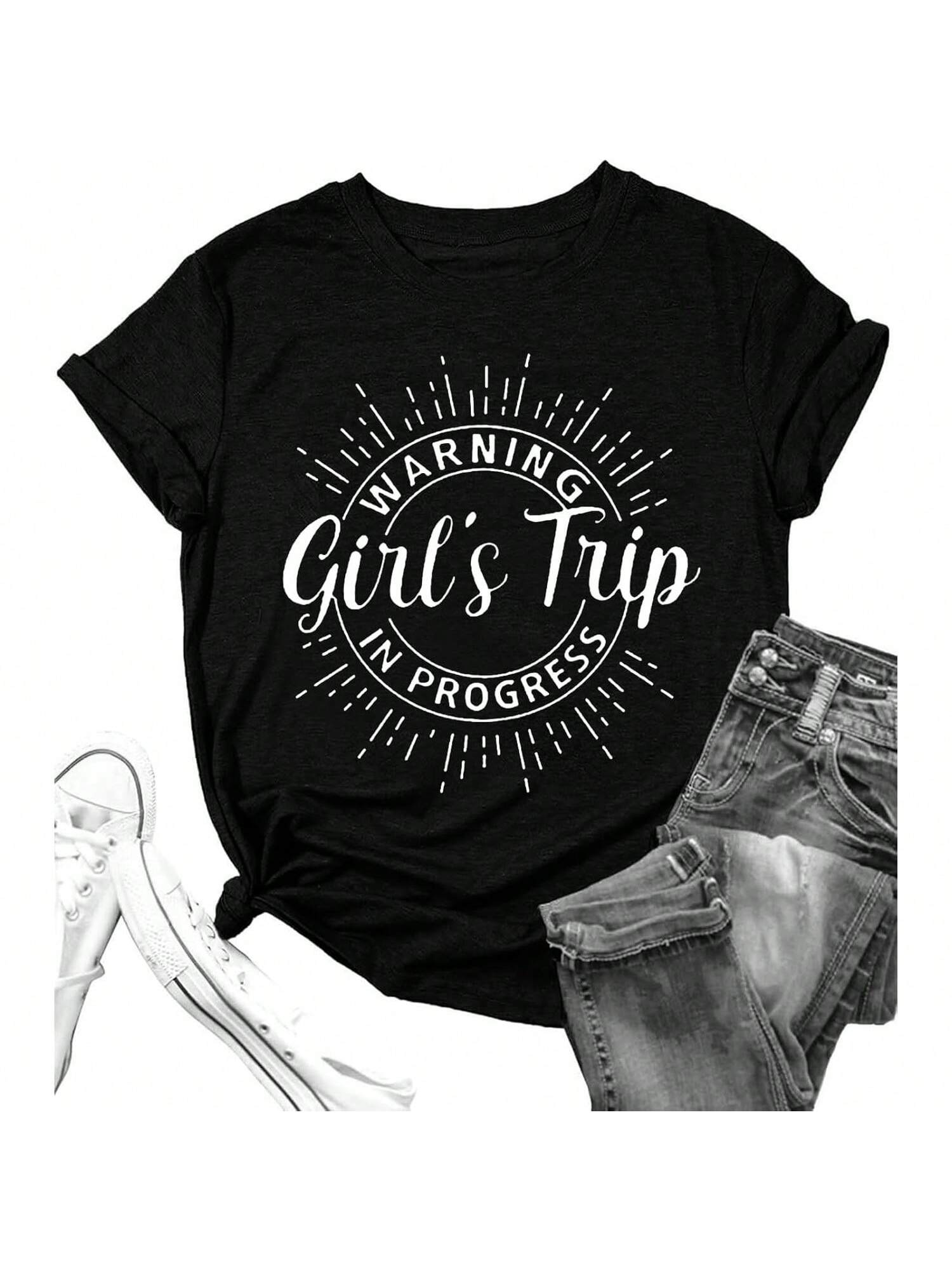 Wounisex s Casual Warning Girls Trip In Progress T-Shirt Casual Crewneck Short Sleeve Graphic Tee S разноцветный