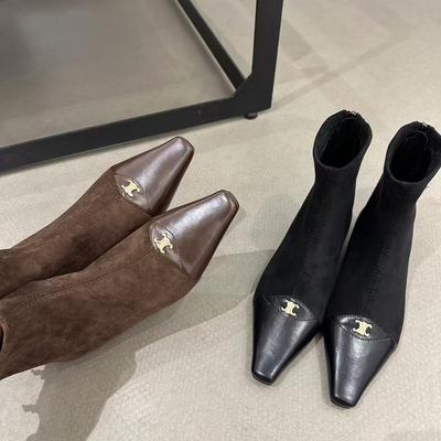 Retro Color Matching Small Square Head Suede Thin Boots Low Heel Wedge Short Boots Ankle Boots Women's Guangzhou Shoes