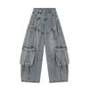 BeatStreet Herren Jeans Amerikanischer Stil Einfarbige Mehrere Taschen Lässige Abgetragene Hose Dekonstruktion Weiter Bein Jeanshose