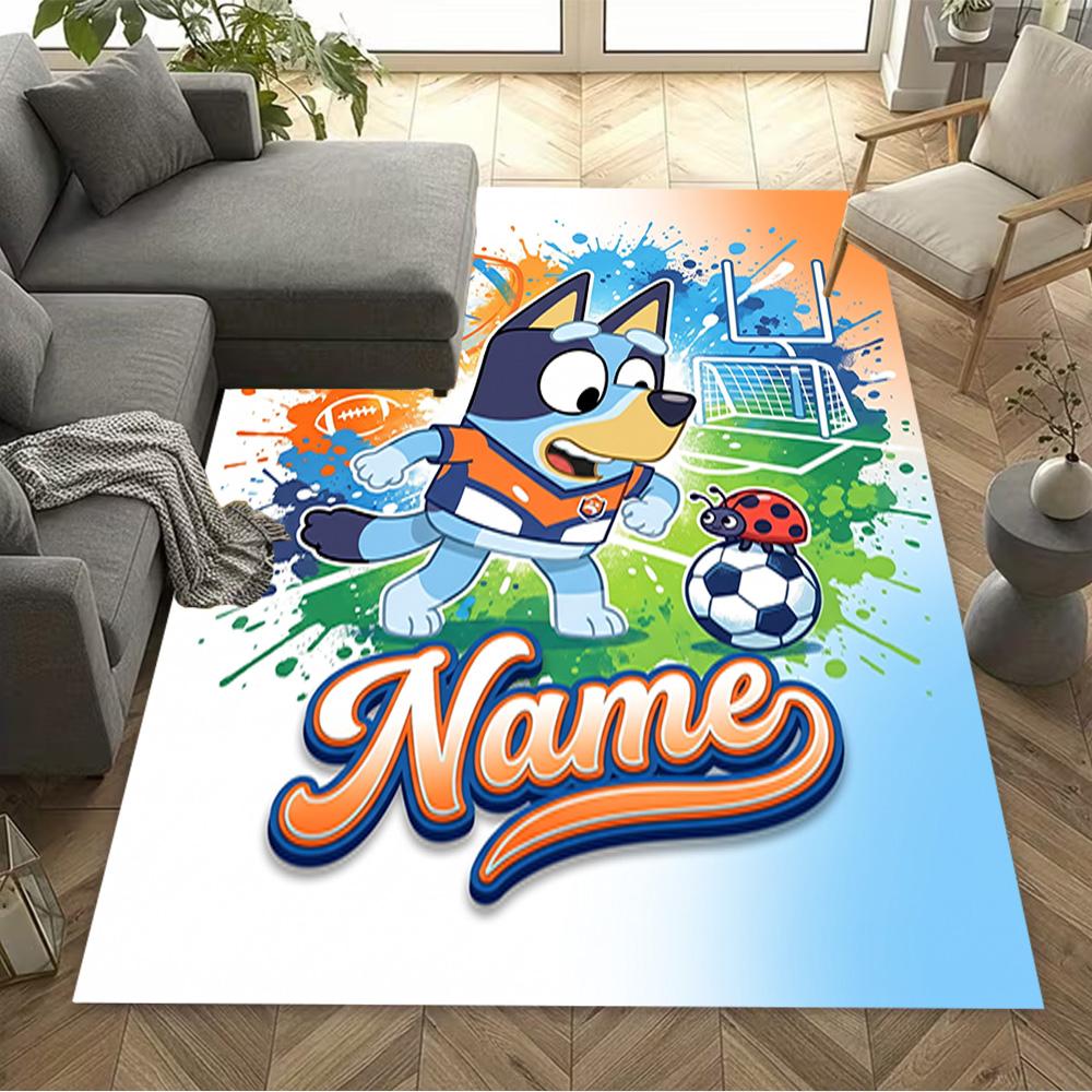 Bluey Soccer Fun Personalized Name Area Rug Design for Dining Room Balcony Dormitory Decorate room Anti-slip Rug Anime Office Decor Best for Christmas