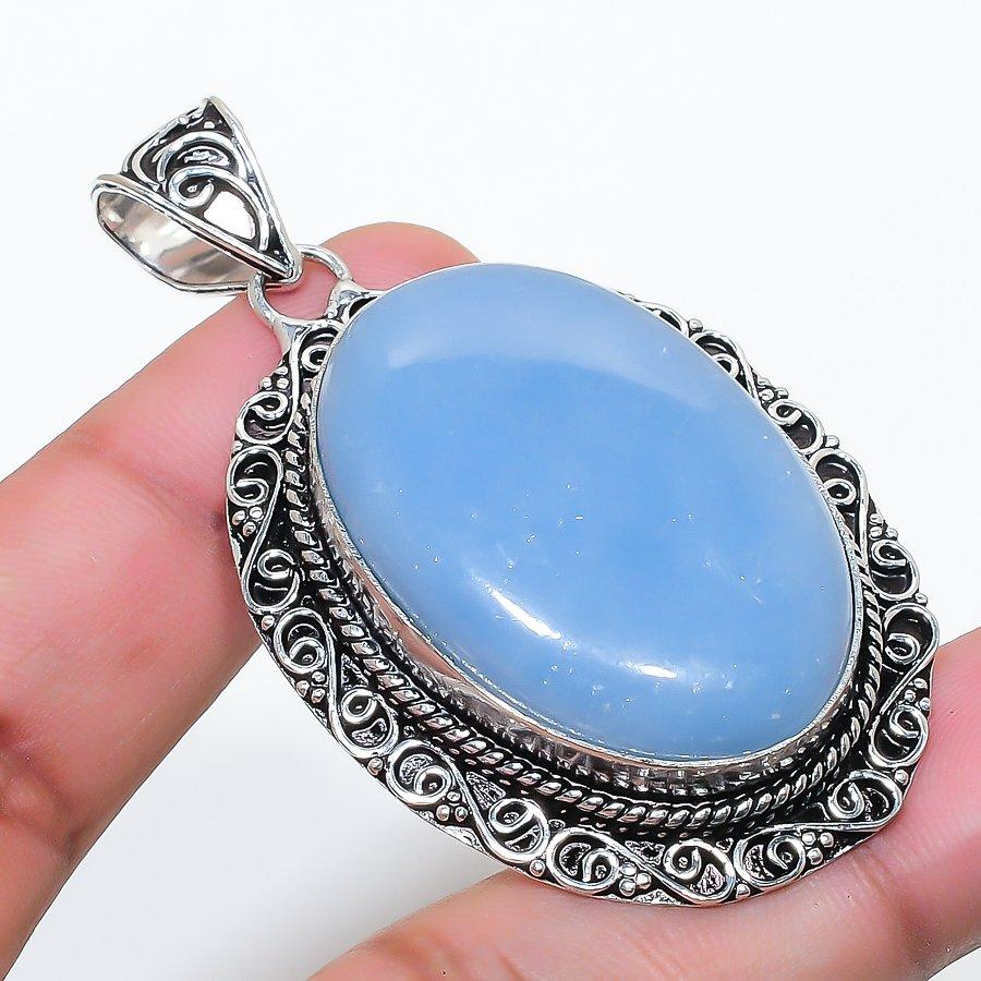 Natural Angelite Stone Gemastone 925 Sterling Silver Jewelry Pendant 2.32" AP-14416