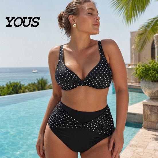 Plus Size Women Swimwear 2Pcs/Set Bikini Set, Cross-Chest V-Neck Bra with Built-In Support, Hong Kong Style High-Waisted Twist Swim Bottoms, Retro Dot