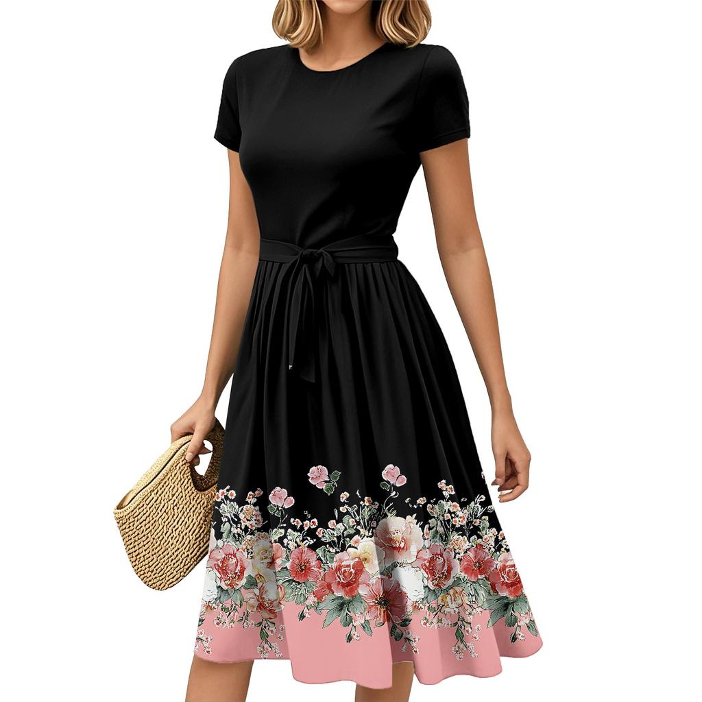 Mote Dame Casual Belte Kortermet Rund Hals Geometrisk Trykk Spleiset Elegant Temperament Kjoler