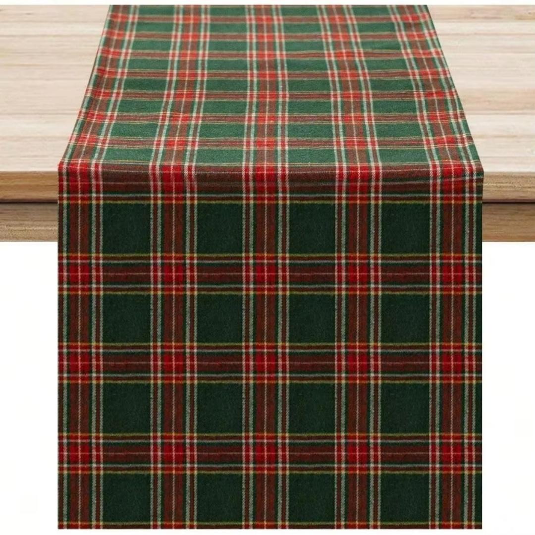 1 stuks beige-bruine patchwork tafelkleed met rood-witte geometrische ruitpatronen. Boerderijstijl, perfect voor binnenkeukens, feesten, restaura 90x33cm