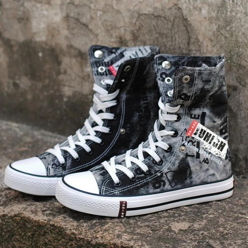 Herrskor i canvas, Hip-hop Denim Höga Snörskor, Street Skateboardskor, Plusstorlek Herrskor Tenis Masculino