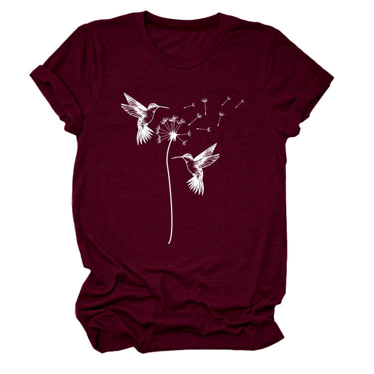 Sommer Rundhals Zwei Vogelmuster Druck Top Modische Lässige Kurzarm Damen T-Shirts