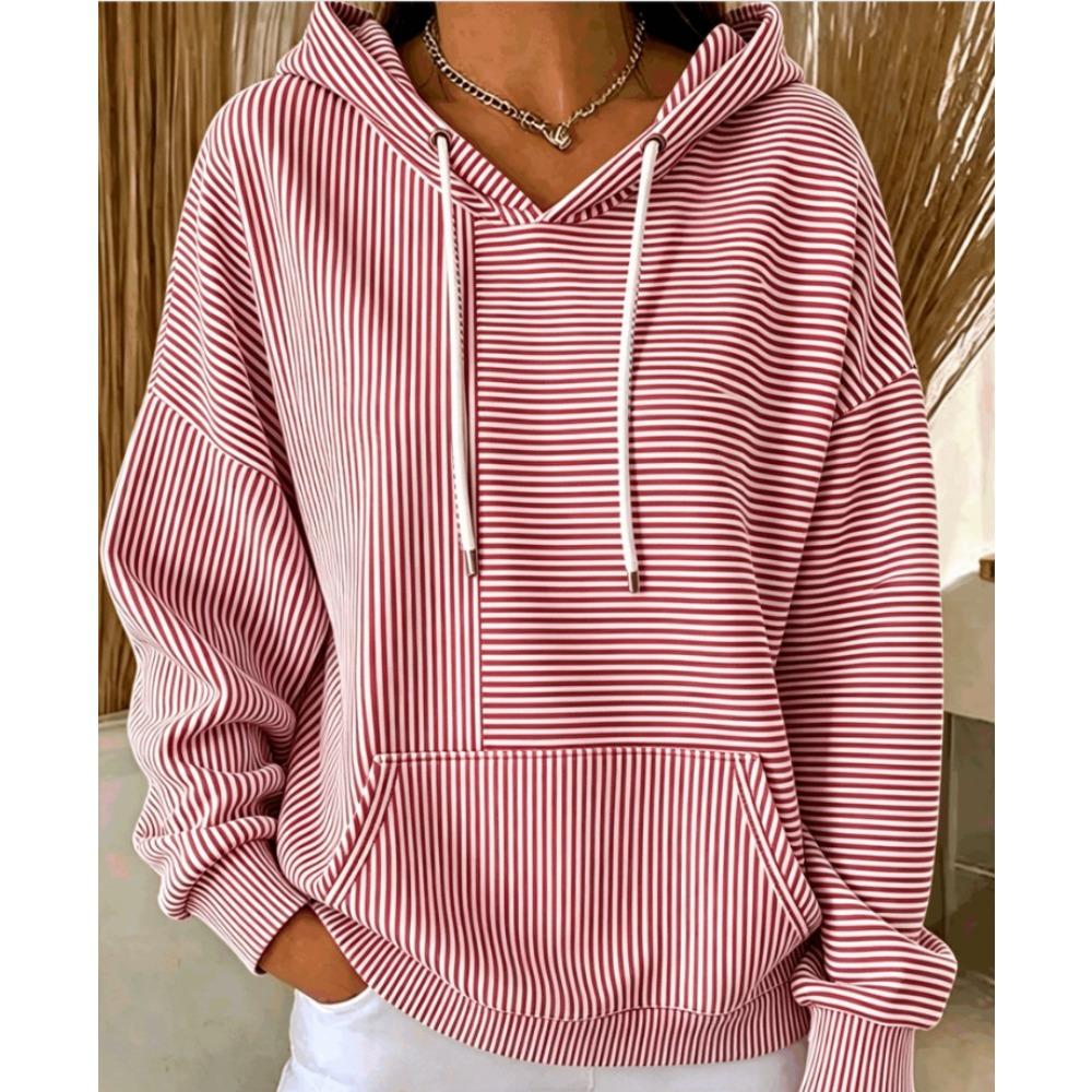 Women's V Neck Long Sleeve Striped Hoodie Casual Loose Pullover Sweatshirt for Daily Wear