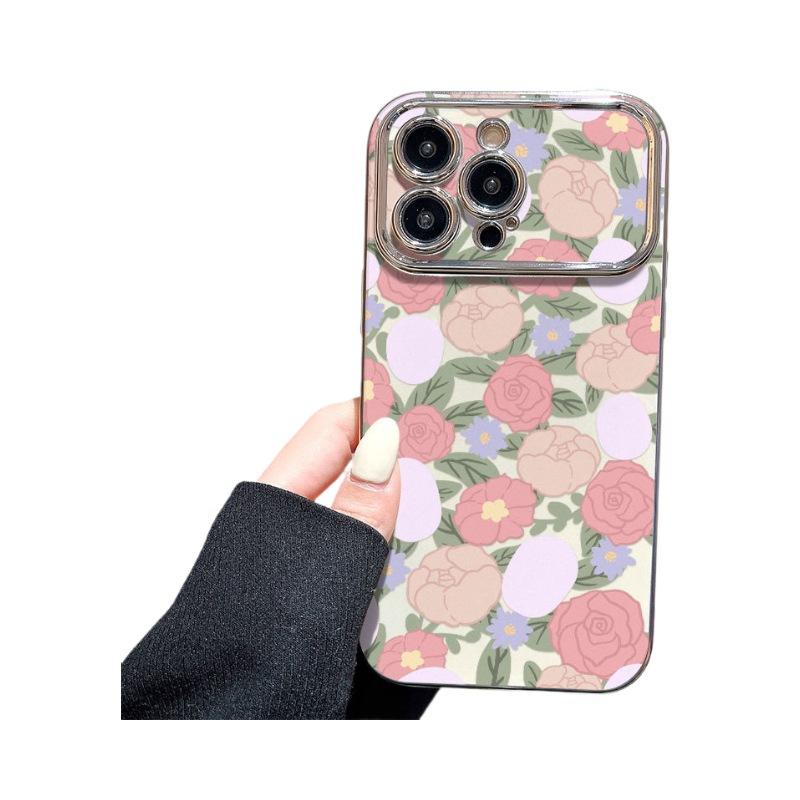 Large Windows Suitable for Apple 12PRO Electroplated Flower Mobile Phone Case IPhone 15XSMAX Protective Case Anti Fall Oil Painting