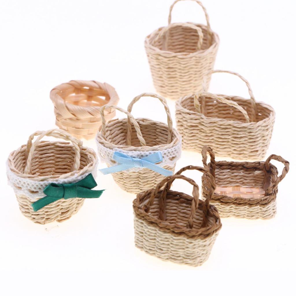 Dollhouse Handwoven Raffia Straw Handbag & Mini Bamboo Basket Photo Props